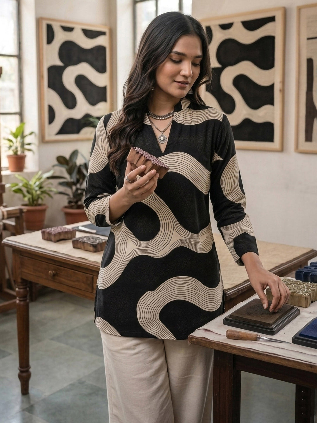 Black Cotton Blend Printed Kurta