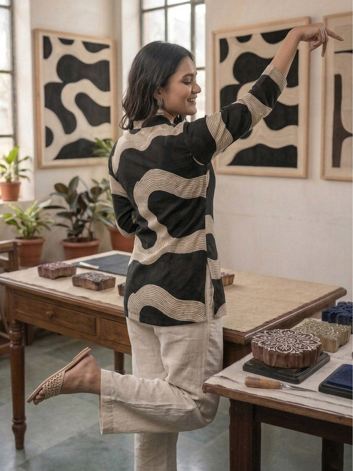 Black Cotton Blend Printed Kurta