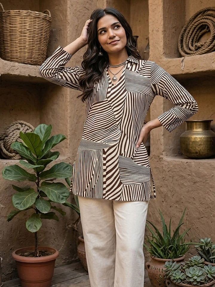 Brown Cotton Blend Printed Kurta