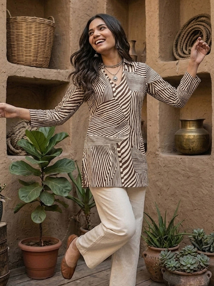 Brown Cotton Blend Printed Kurta