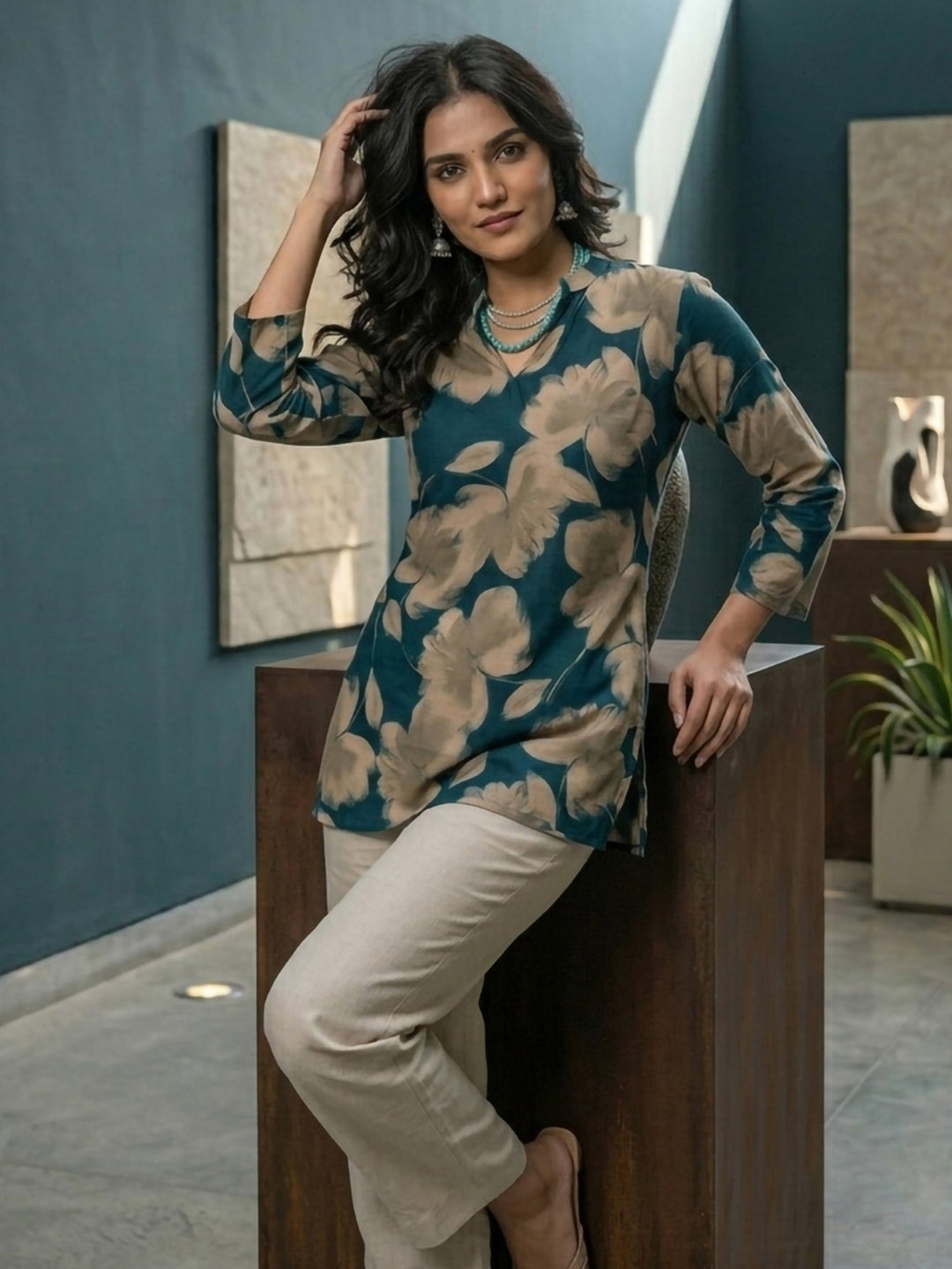 Green Cotton Blend Printed Kurta