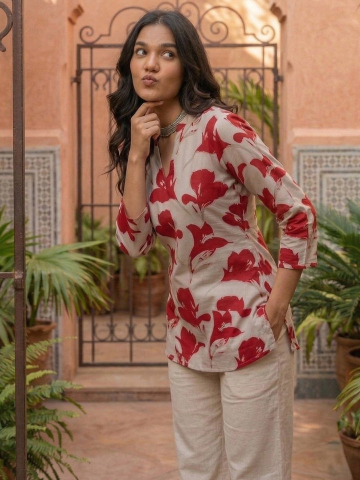 Red Cotton Blend Printed Kurta