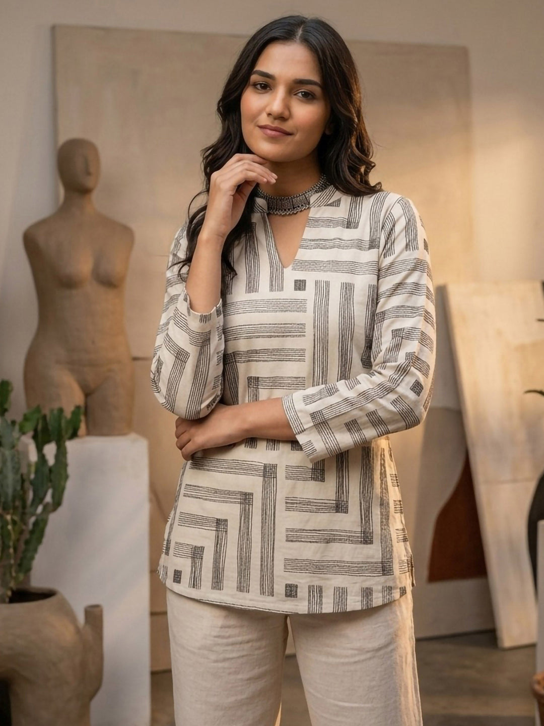 Cream Cotton Blend Printed Kurta
