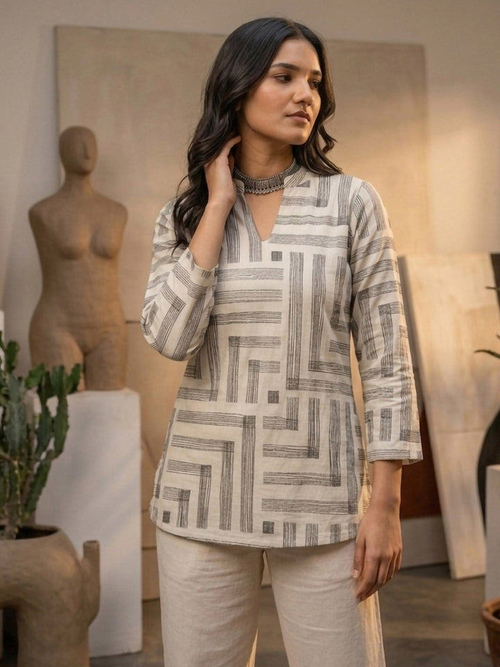 Cream Cotton Blend Printed Kurta