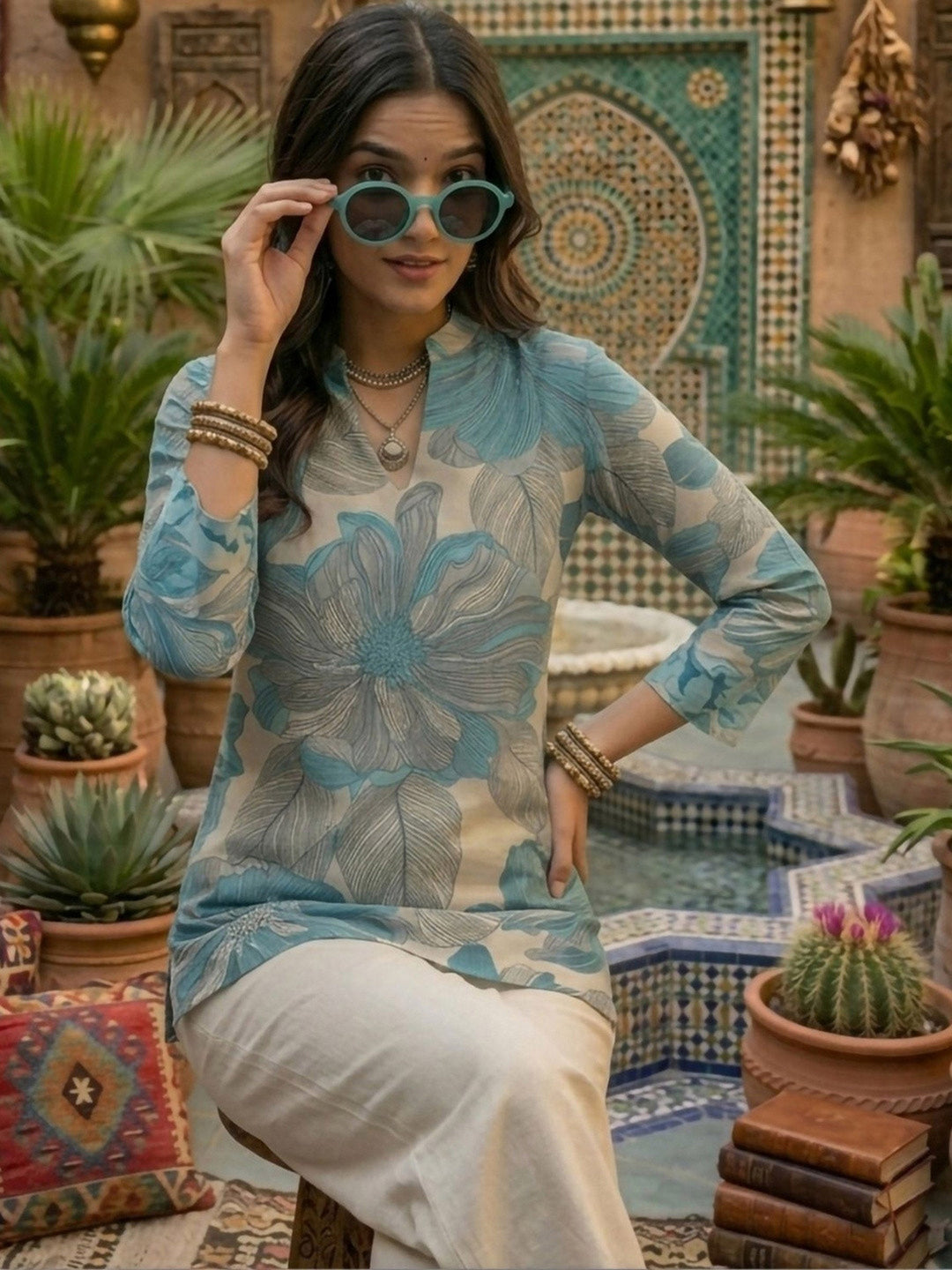 Blue Cotton Blend Printed Kurta