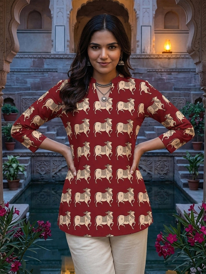 Red Cotton Blend Printed Kurta
