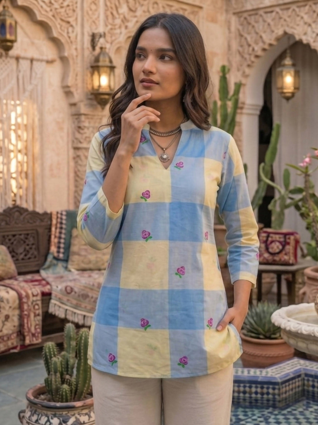 Yellow Cotton Blend Printed Kurta