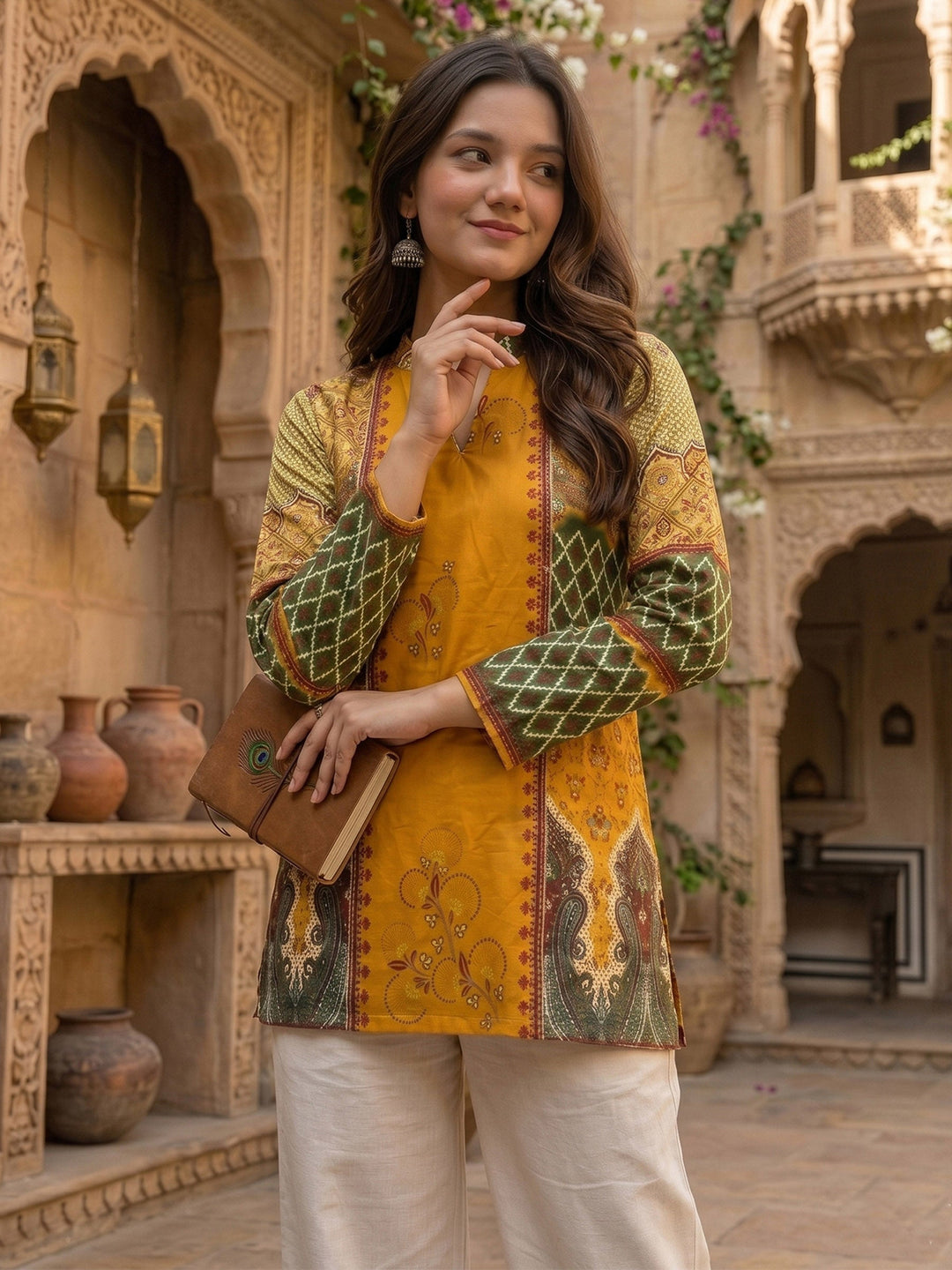 Mustard Cotton Blend Printed Kurta