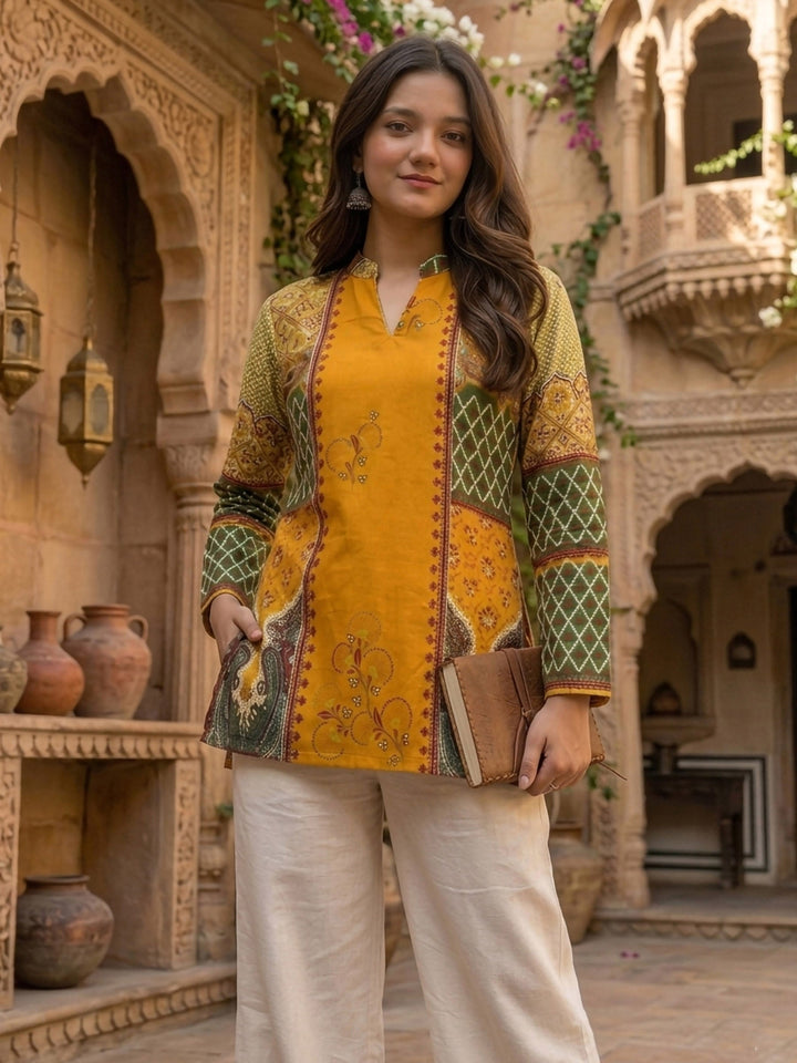 Mustard Cotton Blend Printed Kurta