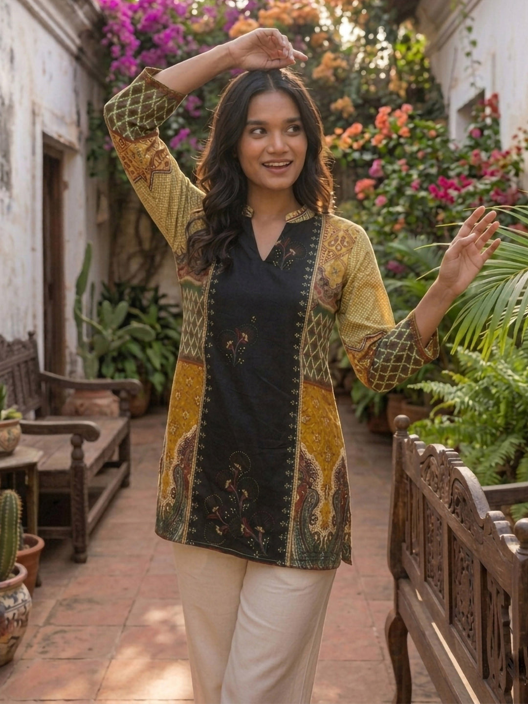 Black Cotton Blend Printed Kurta