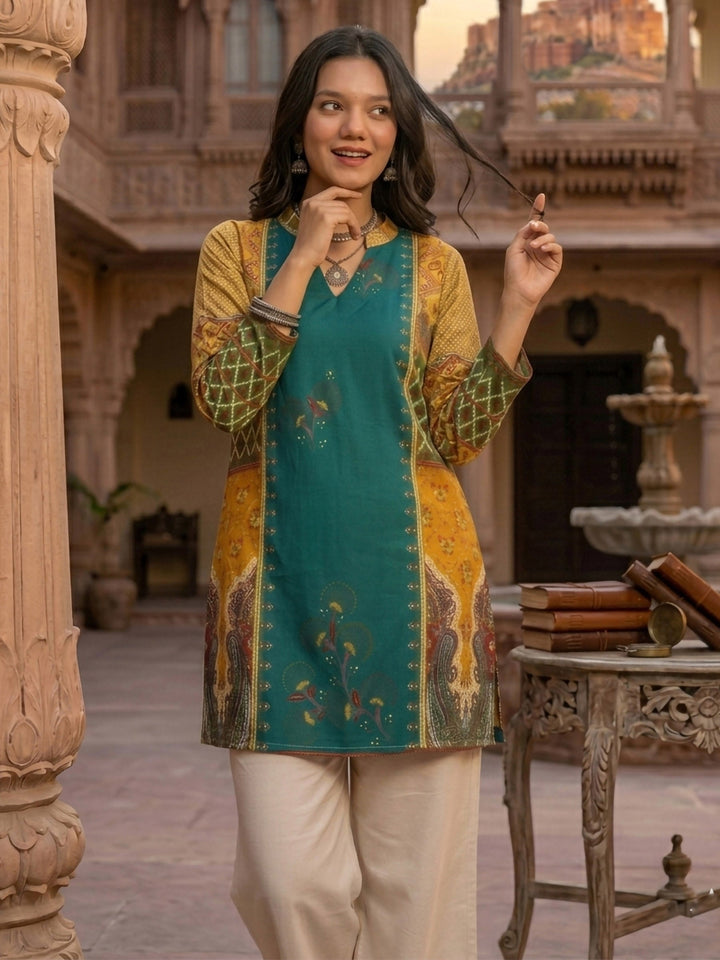 Green Cotton Blend Printed Kurta