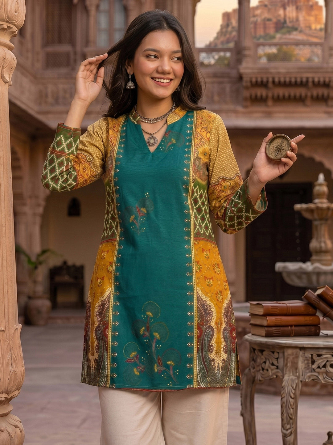 Green Cotton Blend Printed Kurta