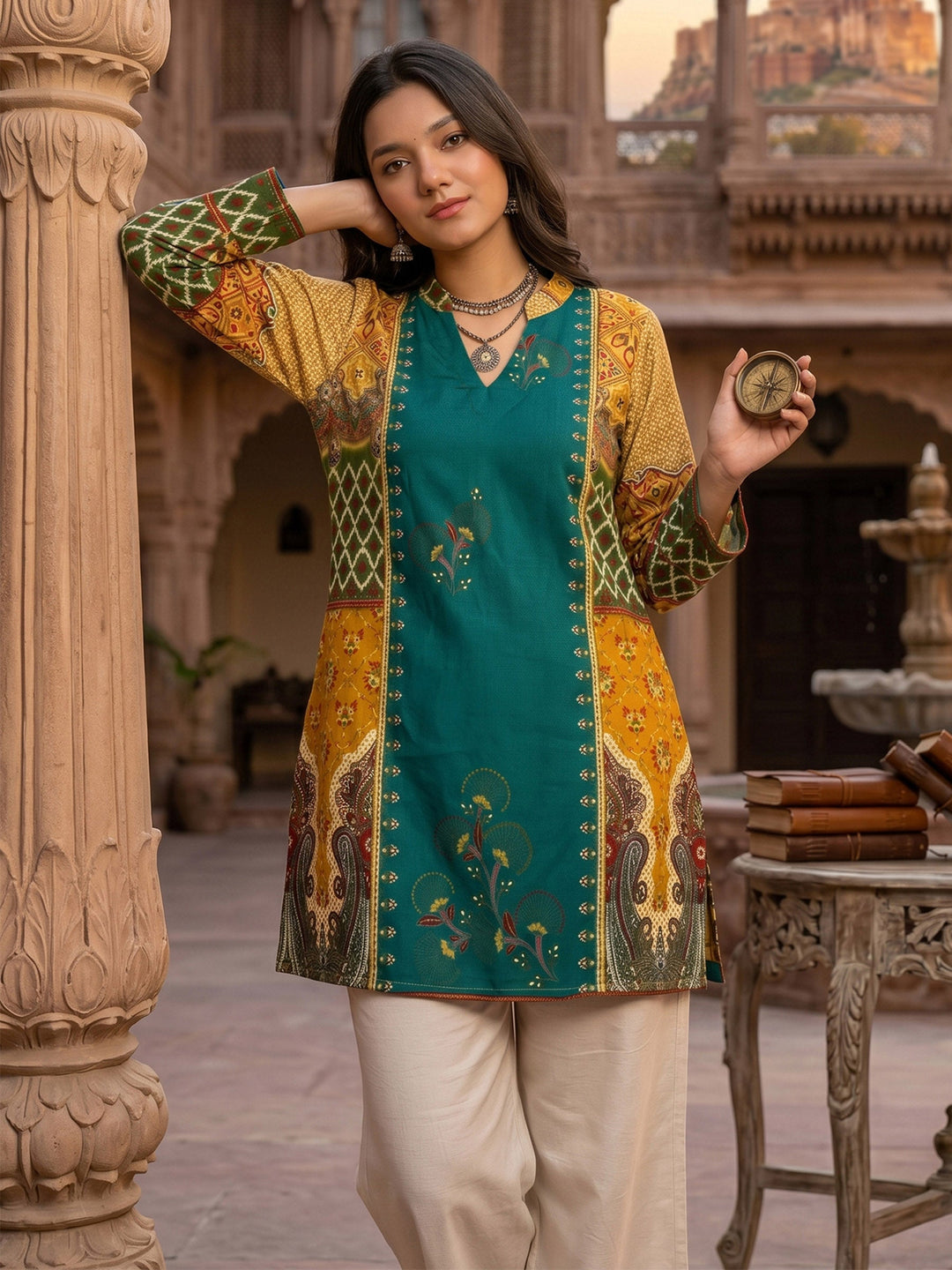 Green Cotton Blend Printed Kurta