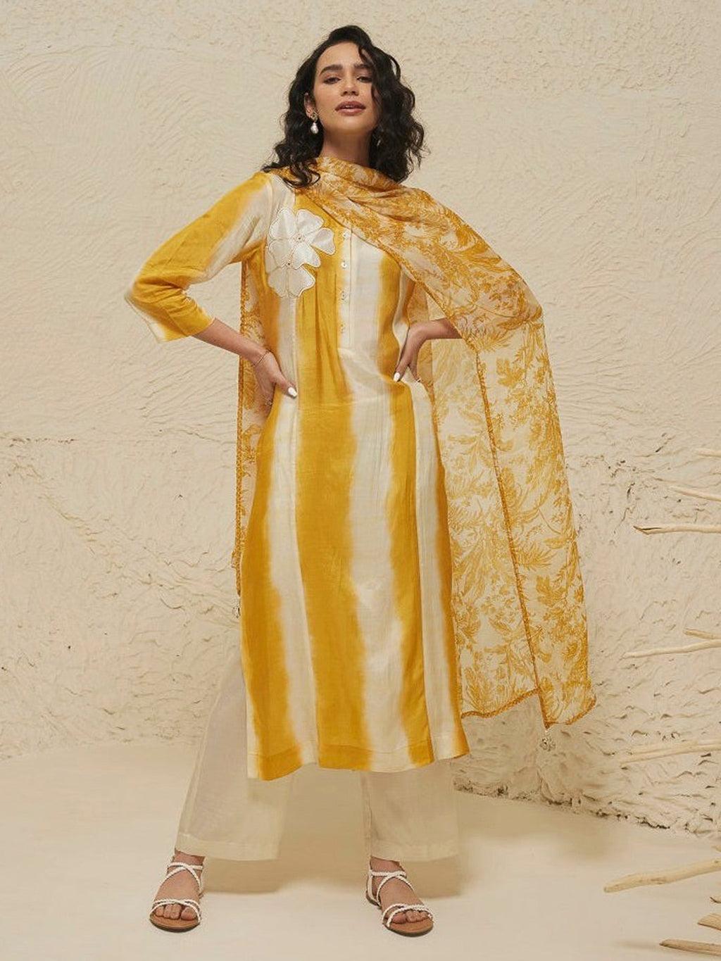Yellow Embroidered Cotton Blend Kurta With Pant & Dupatta