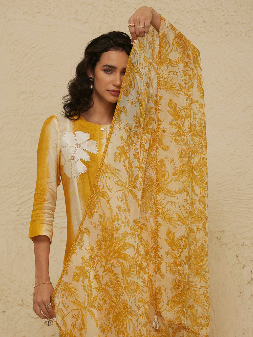 Yellow Embroidered Cotton Blend Kurta With Pant & Dupatta