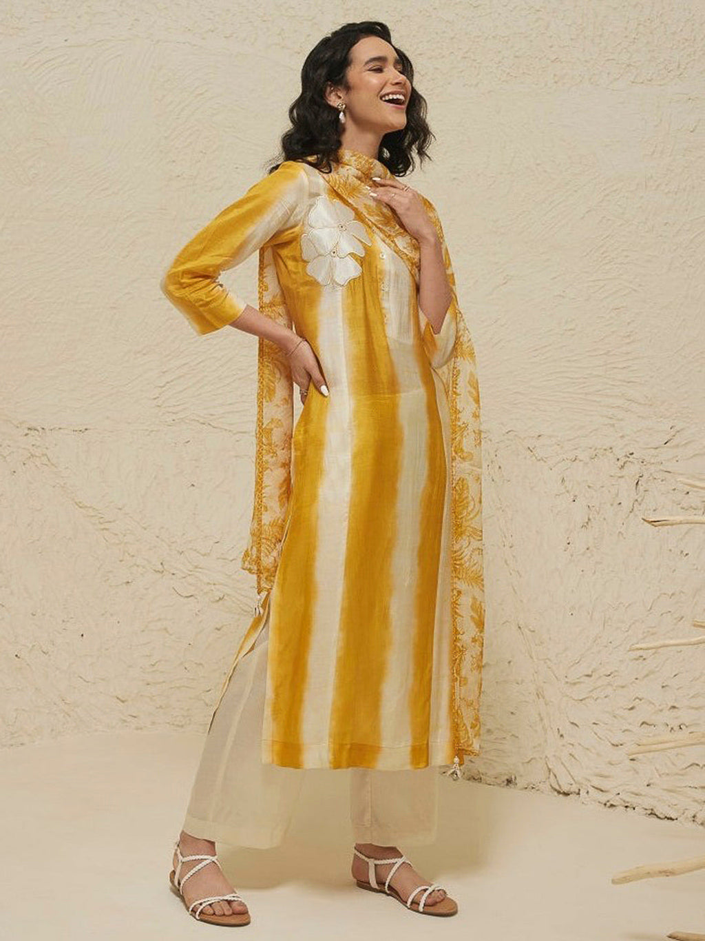 Yellow Embroidered Cotton Blend Kurta With Pant & Dupatta