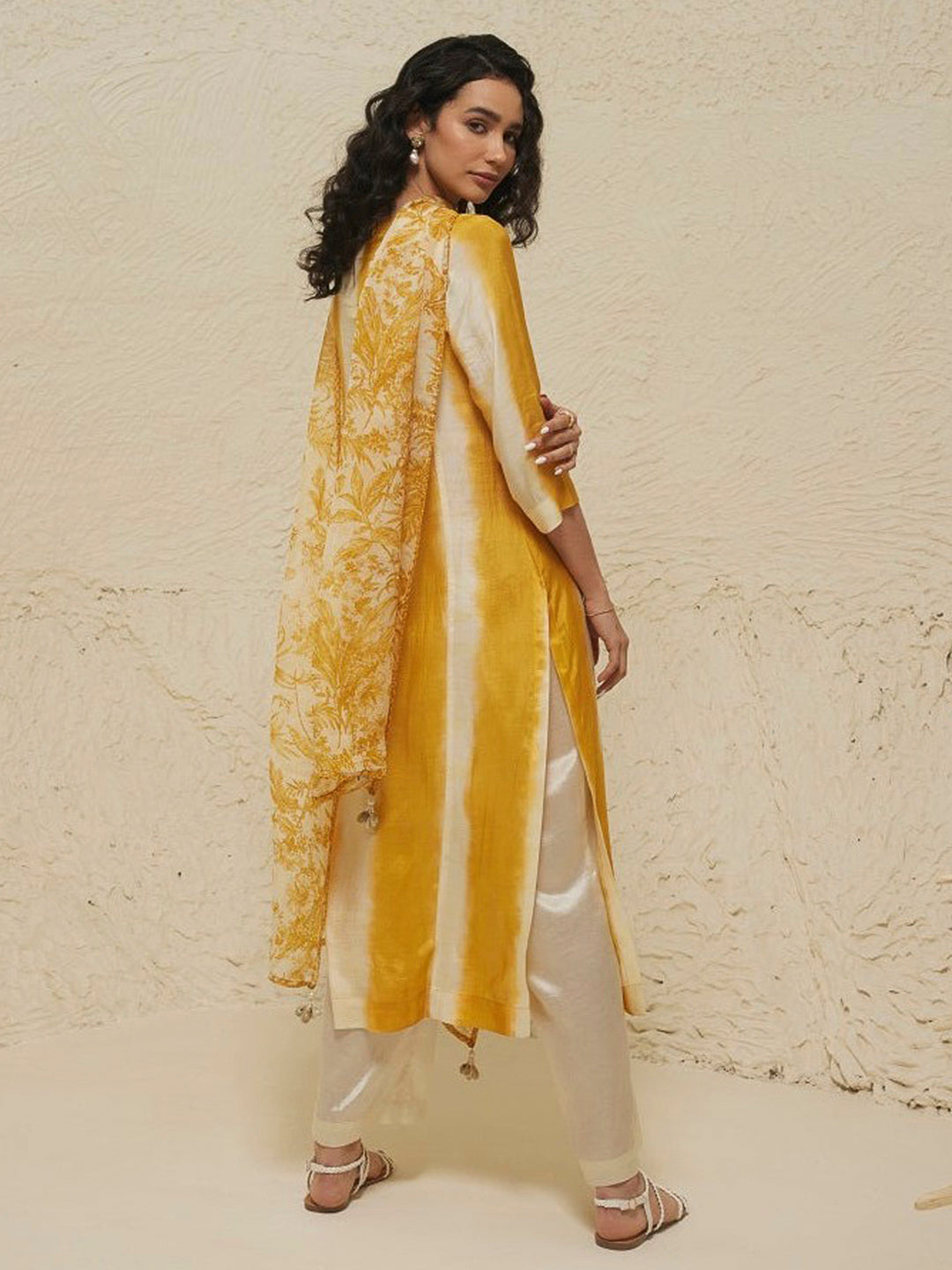 Yellow Embroidered Cotton Blend Kurta With Pant & Dupatta