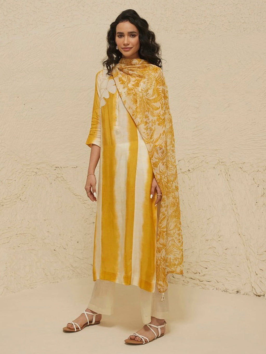 Yellow Embroidered Cotton Blend Kurta With Pant & Dupatta