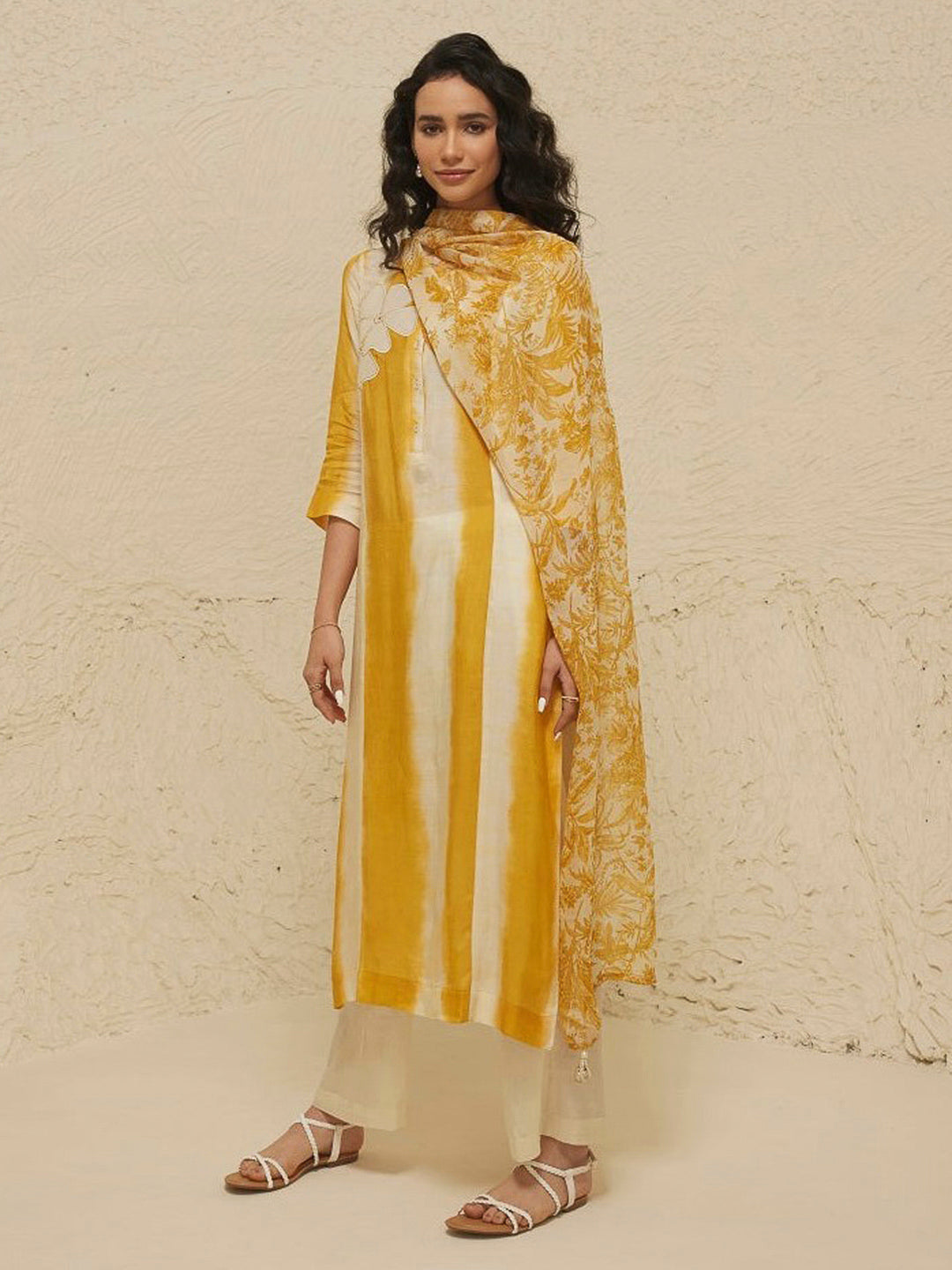 Yellow Embroidered Cotton Blend Kurta With Pant & Dupatta