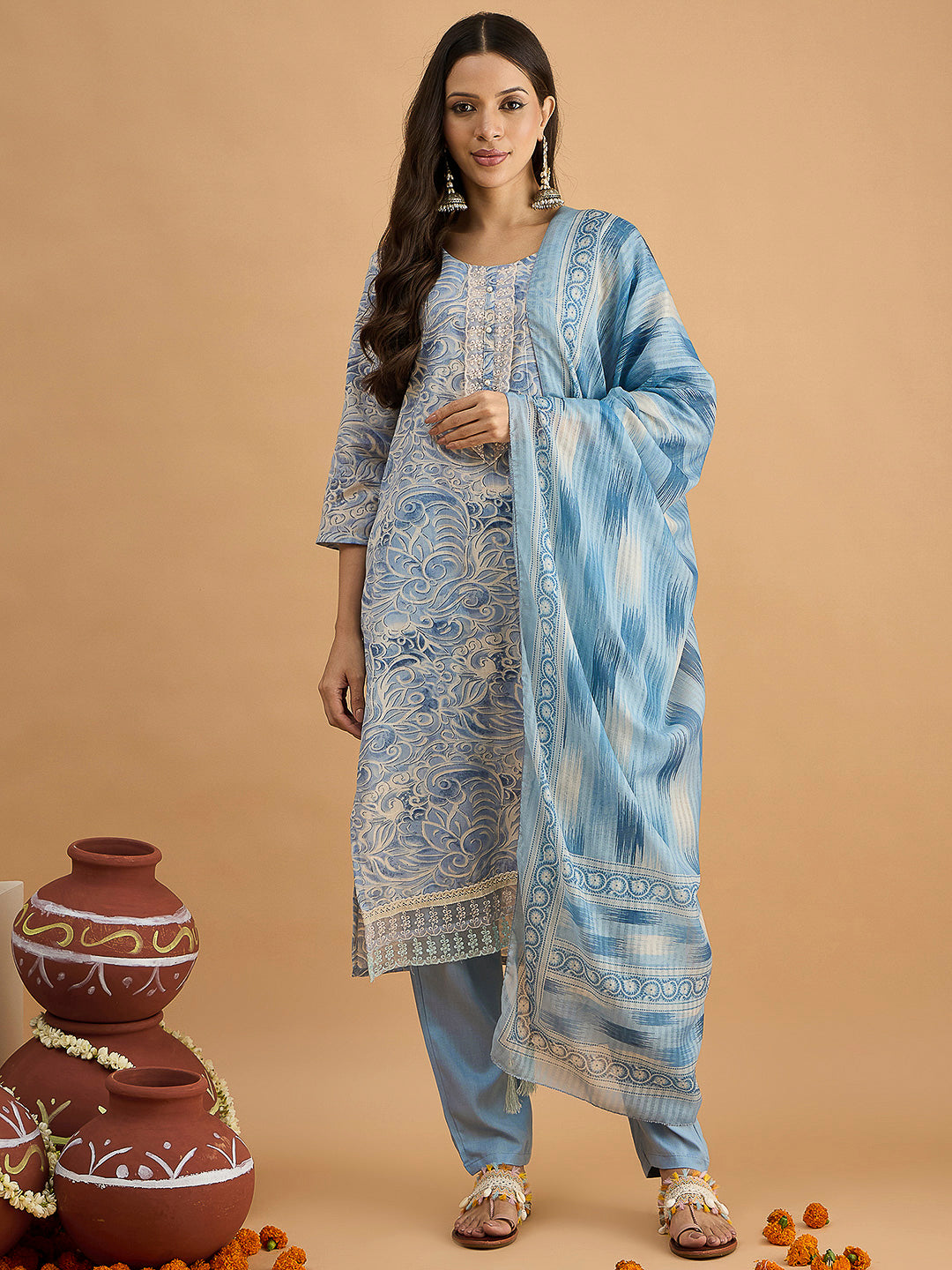 Blue Embroidered Cotton Blend Kurta With Pant & Dupatta