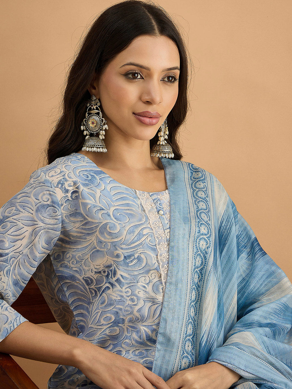 Blue Embroidered Cotton Blend Kurta With Pant & Dupatta