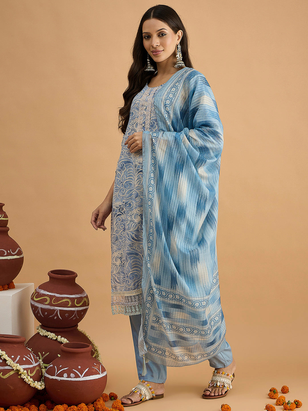 Blue Embroidered Cotton Blend Kurta With Pant & Dupatta