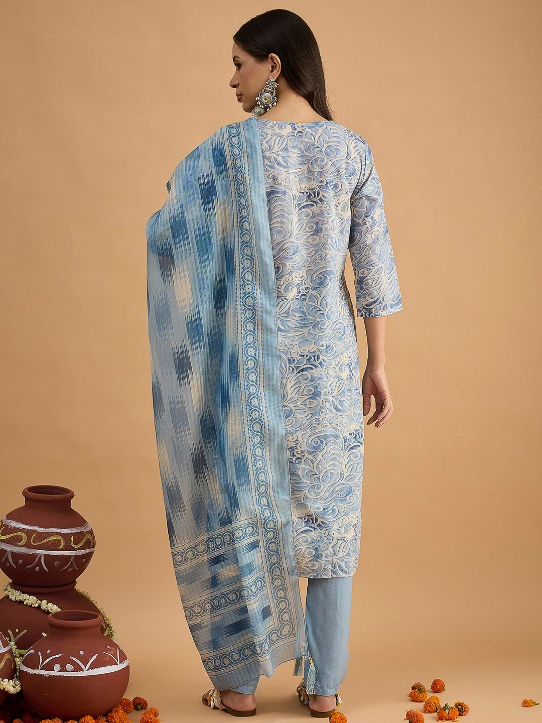 Blue Embroidered Cotton Blend Kurta With Pant & Dupatta