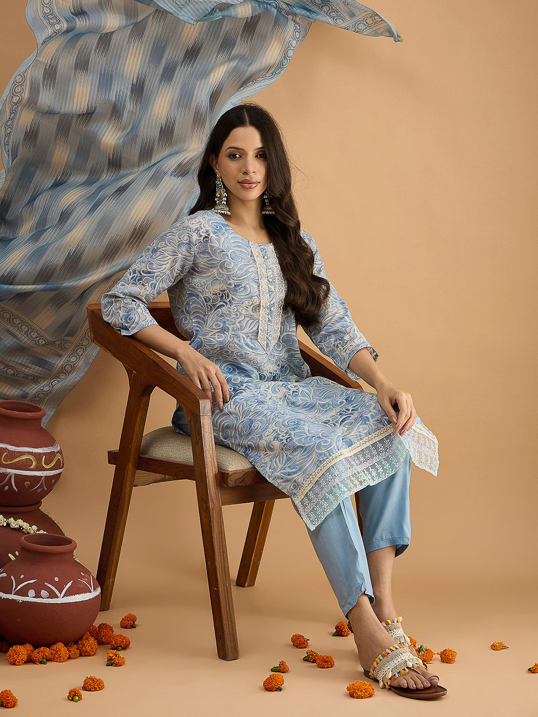 Blue Embroidered Cotton Blend Kurta With Pant & Dupatta