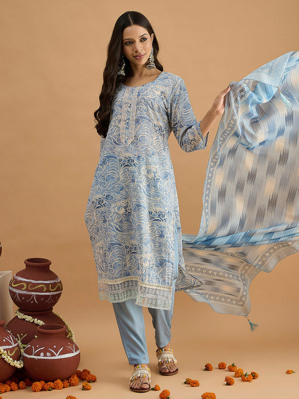 Blue Embroidered Cotton Blend Kurta With Pant & Dupatta