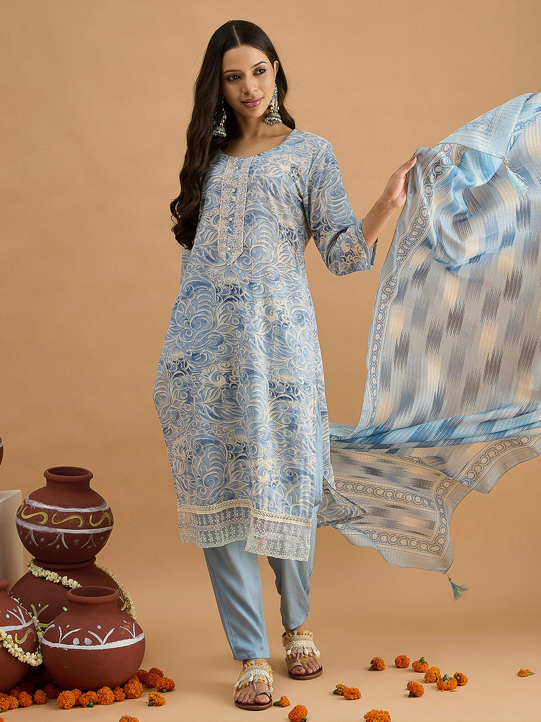 Blue Embroidered Cotton Blend Kurta With Pant & Dupatta
