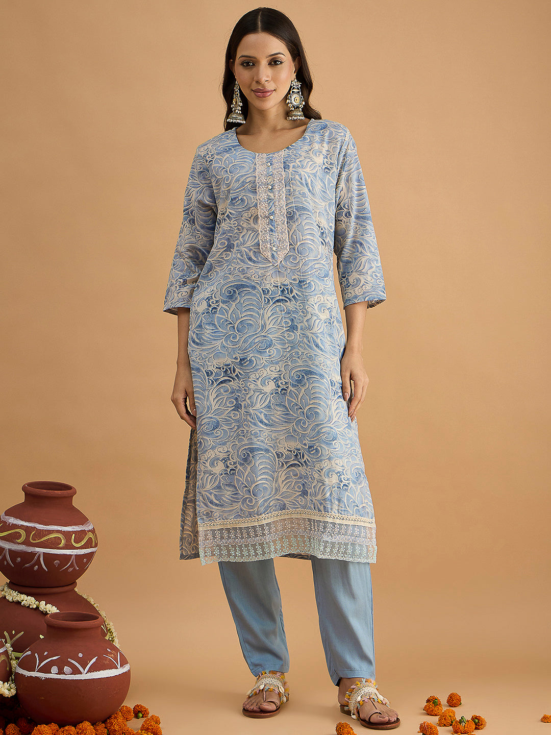 Blue Embroidered Cotton Blend Kurta With Pant & Dupatta