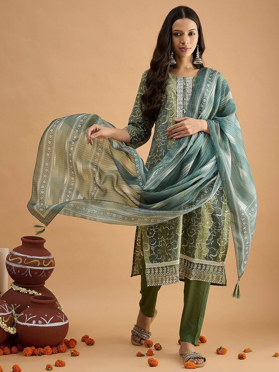 Green Embroidered Cotton Blend Kurta With Pant & Dupatta