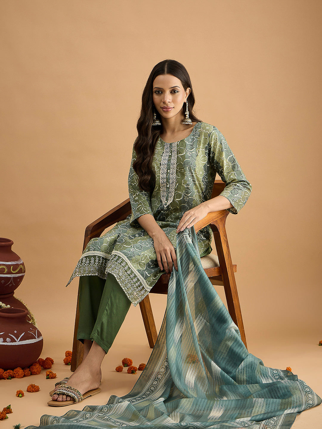 Green Embroidered Cotton Blend Kurta With Pant & Dupatta