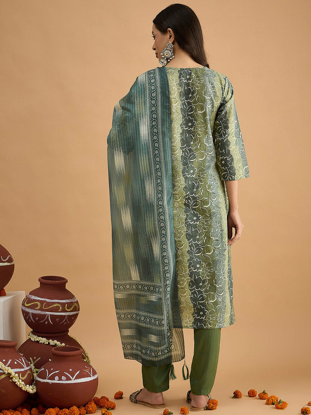 Green Embroidered Cotton Blend Kurta With Pant & Dupatta