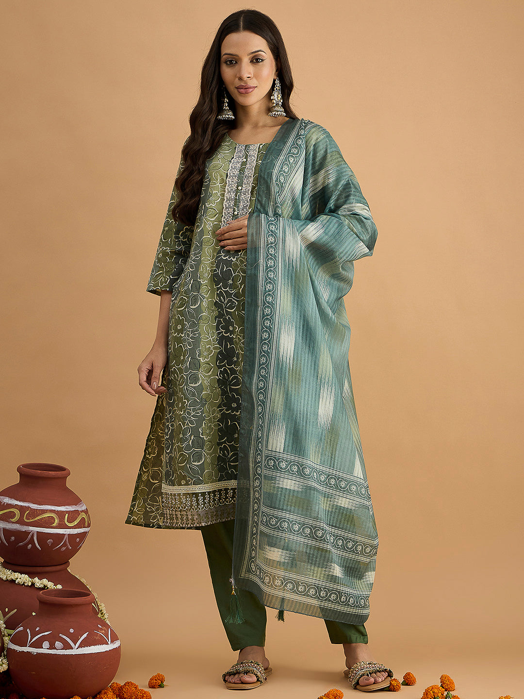Green Embroidered Cotton Blend Kurta With Pant & Dupatta