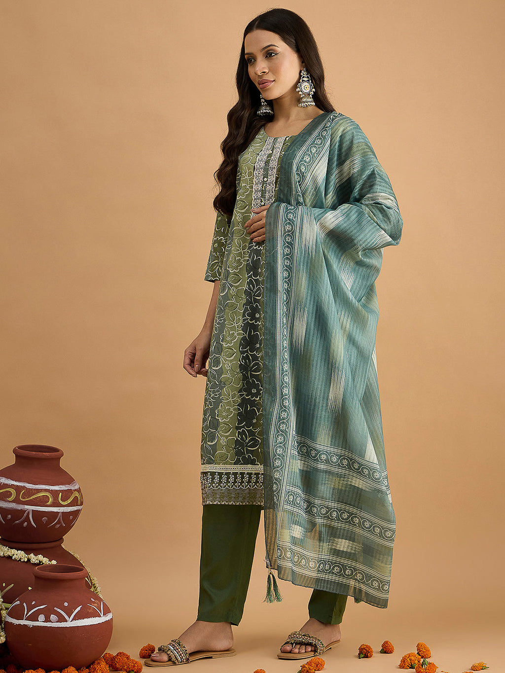Green Embroidered Cotton Blend Kurta With Pant & Dupatta