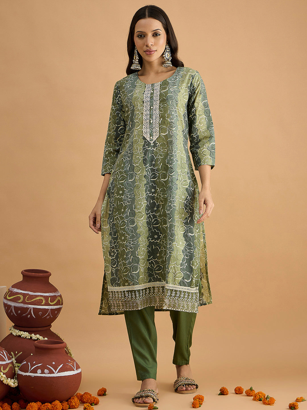 Green Embroidered Cotton Blend Kurta With Pant & Dupatta