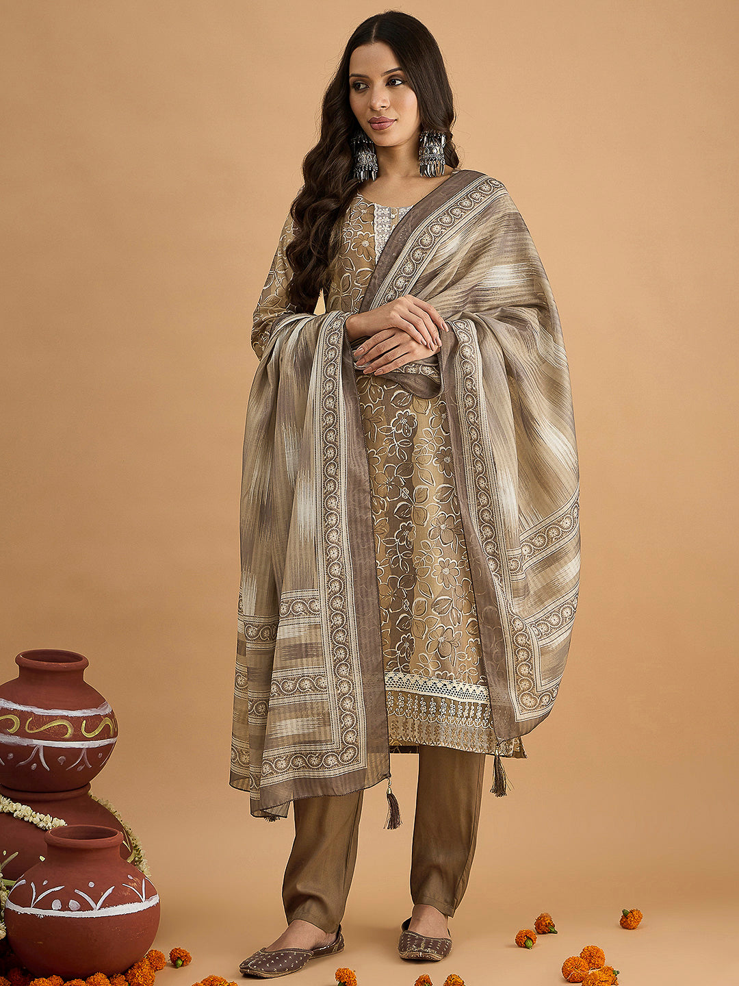 Brown Embroidered Cotton Blend Kurta With Pant & Dupatta