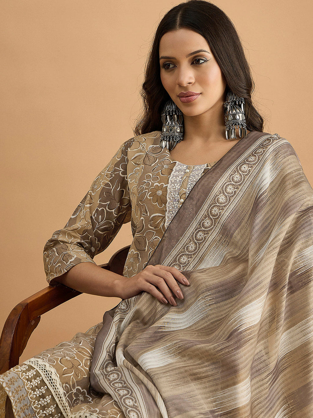 Brown Embroidered Cotton Blend Kurta With Pant & Dupatta