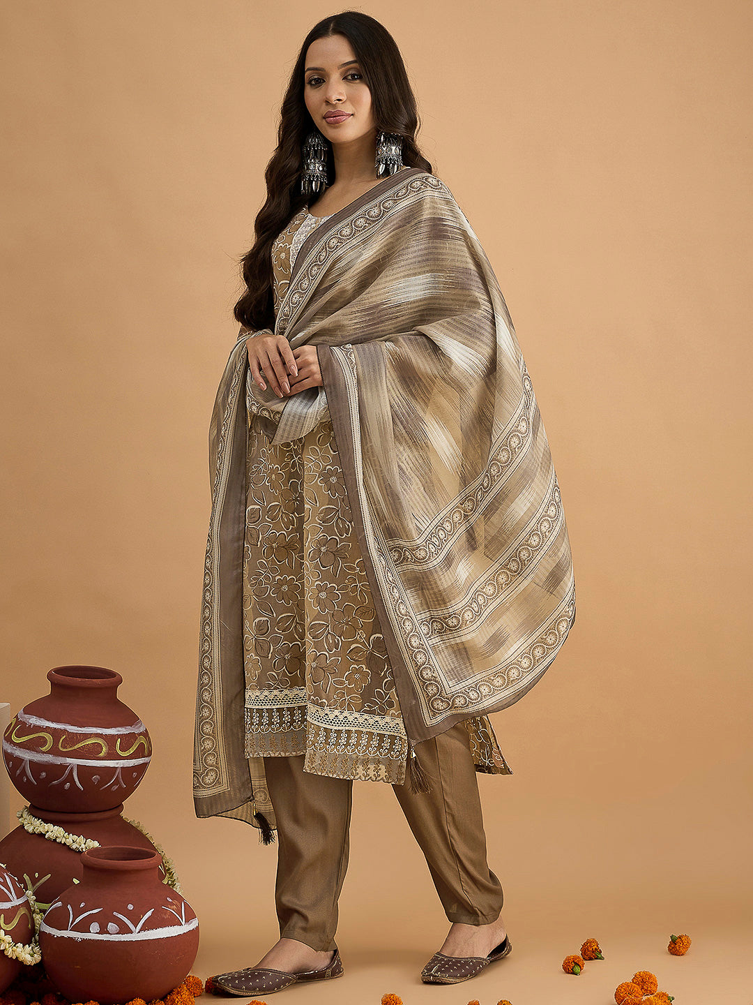 Brown Embroidered Cotton Blend Kurta With Pant & Dupatta