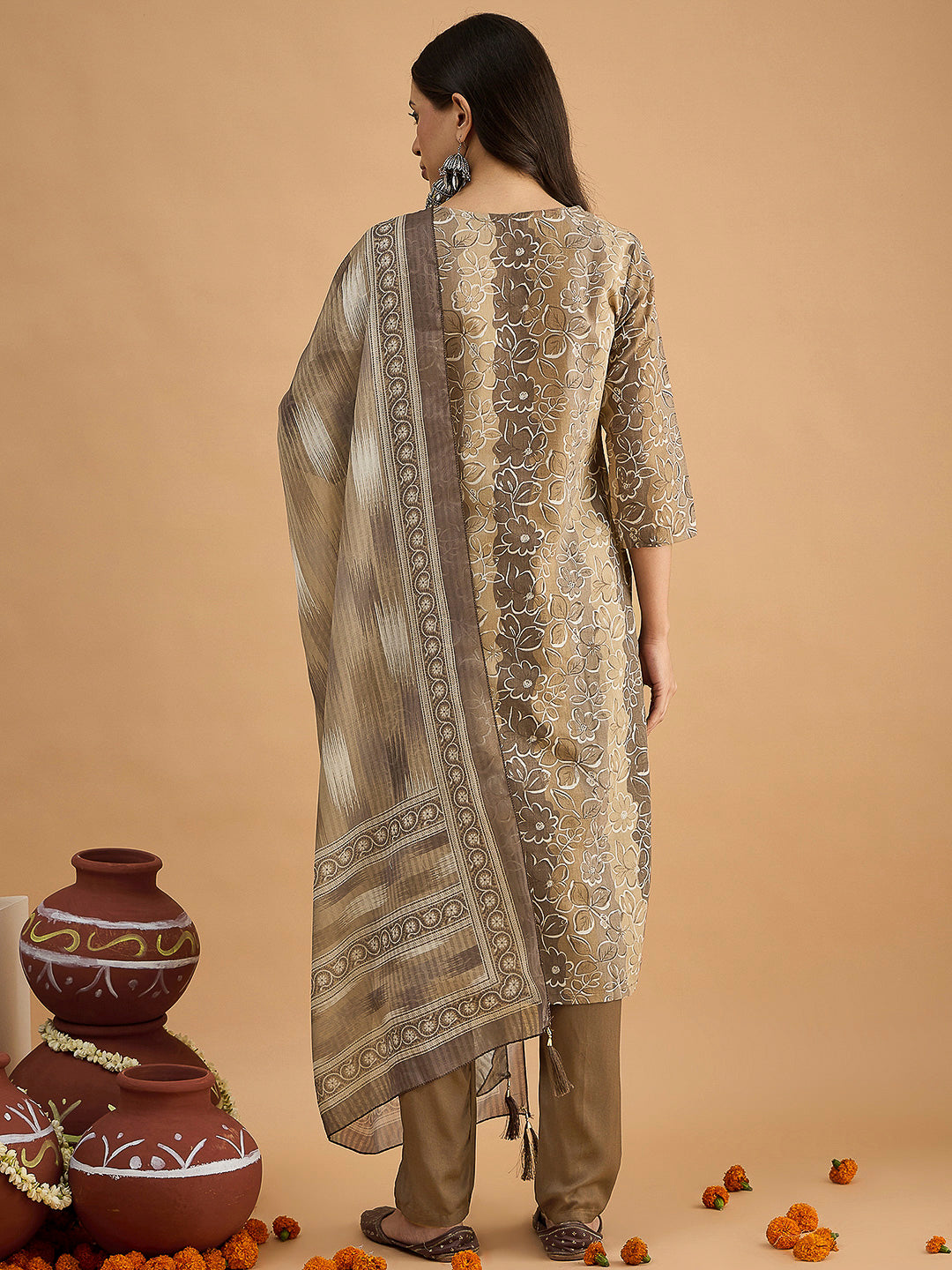 Brown Embroidered Cotton Blend Kurta With Pant & Dupatta