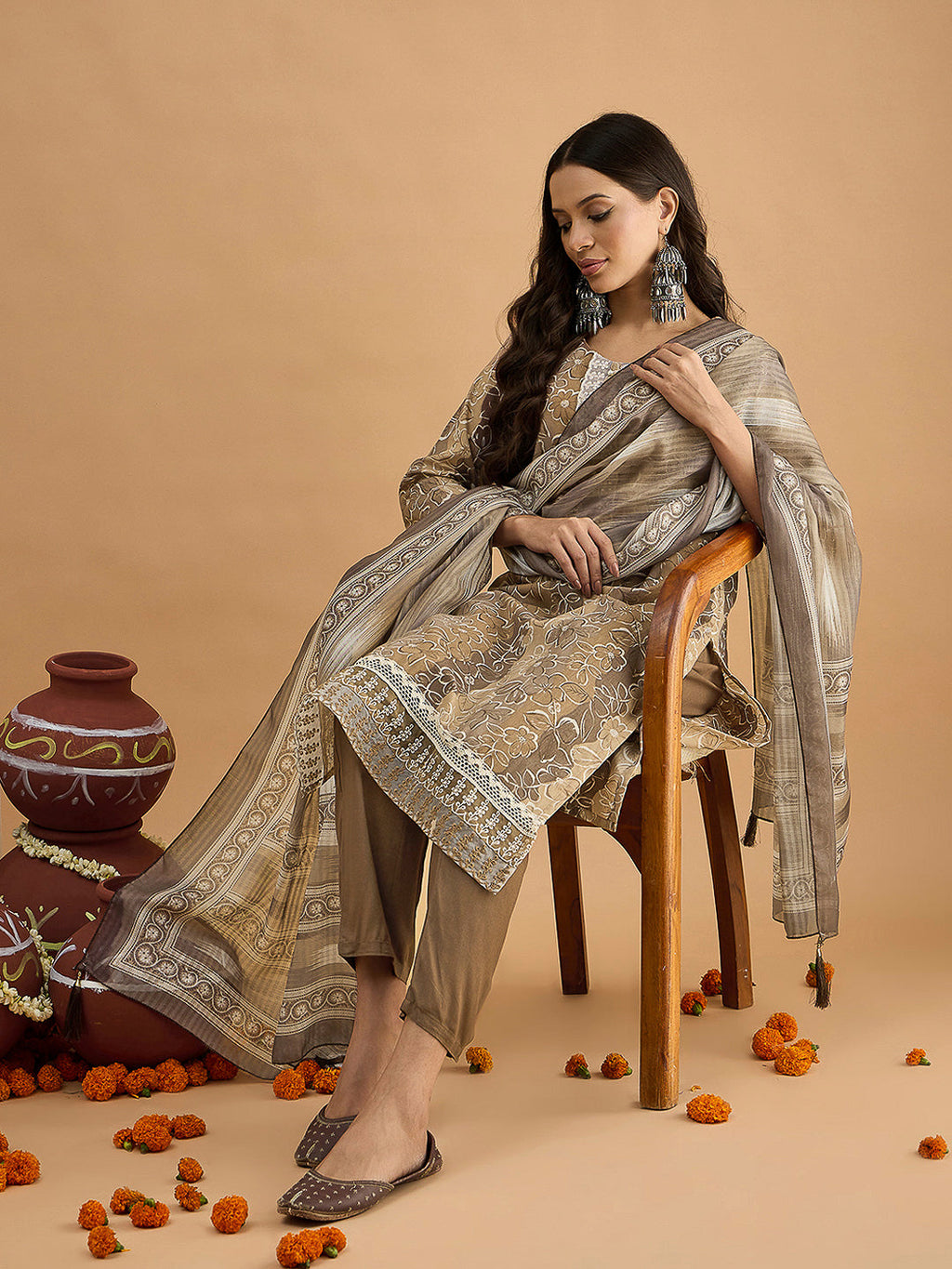 Brown Embroidered Cotton Blend Kurta With Pant & Dupatta