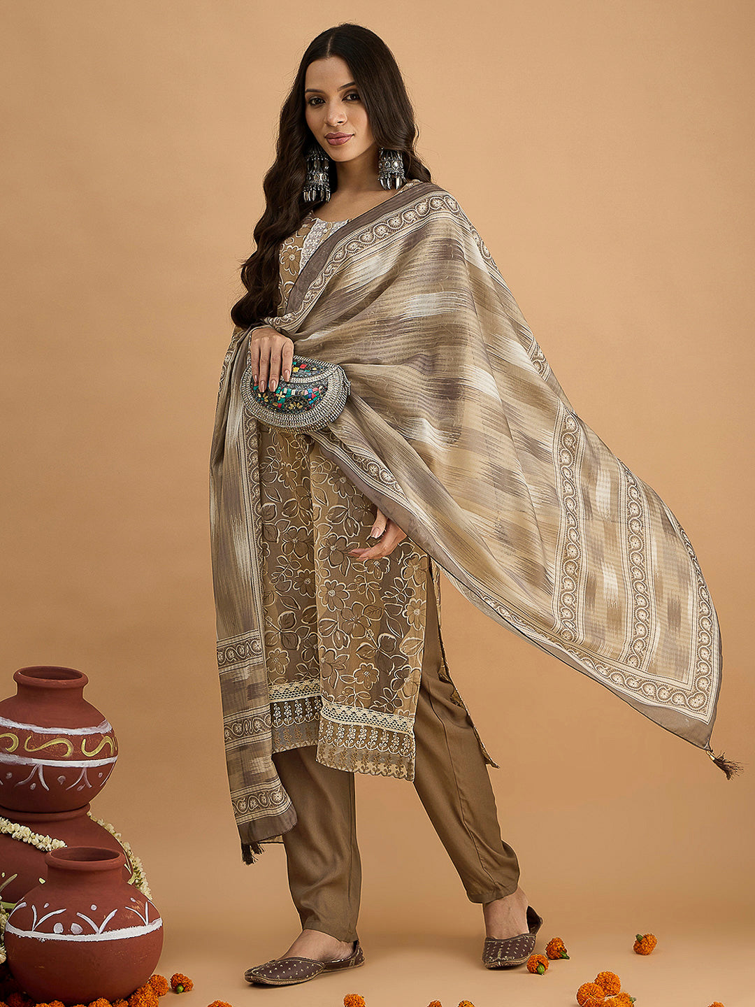 Brown Embroidered Cotton Blend Kurta With Pant & Dupatta