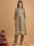 Brown Embroidered Cotton Blend Kurta With Pant & Dupatta