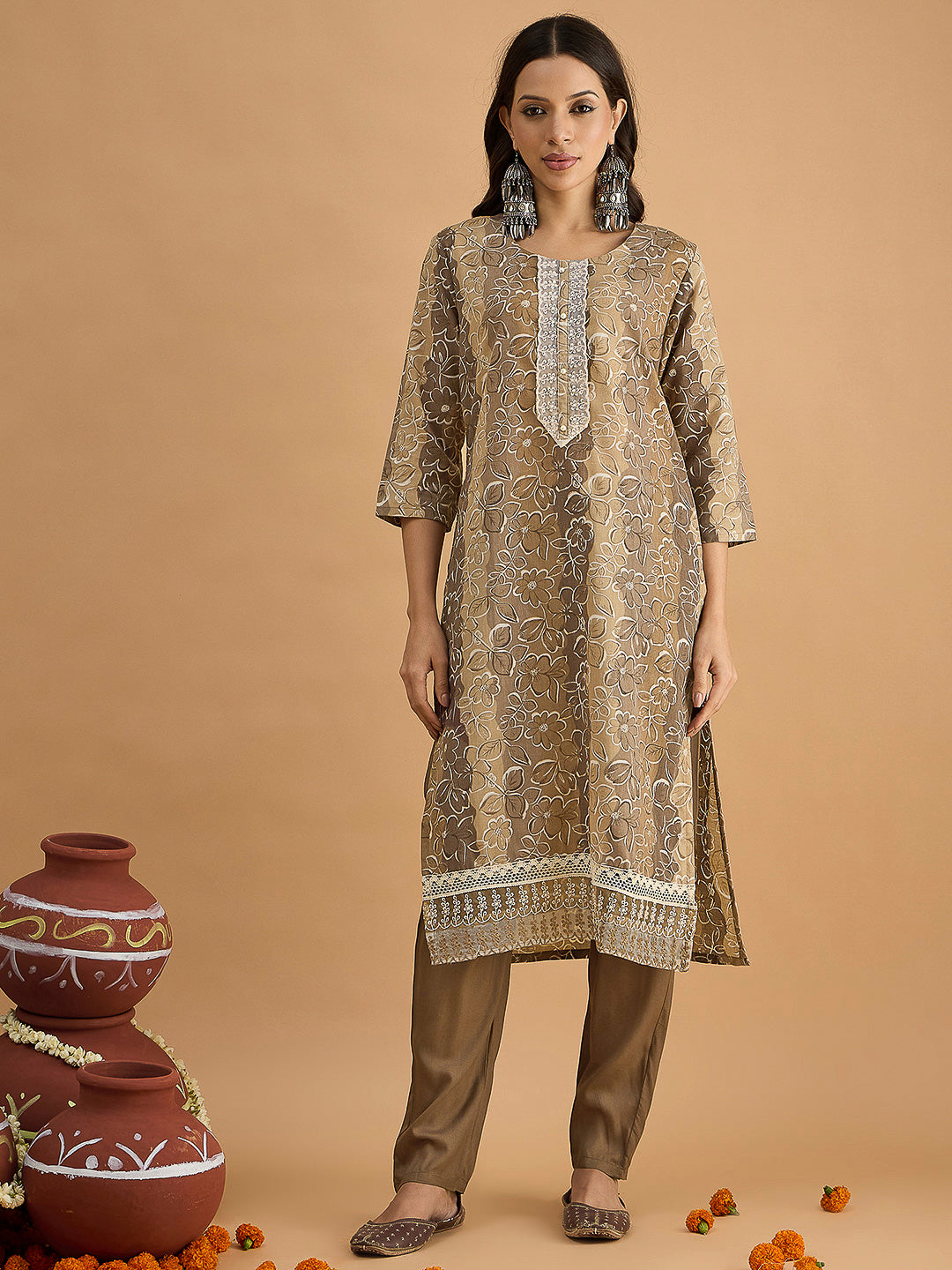 Brown Embroidered Cotton Blend Kurta With Pant & Dupatta