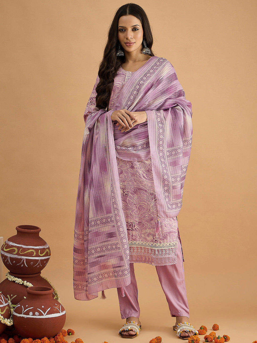 Purple Embroidered Cotton Blend Kurta With Pant & Dupatta