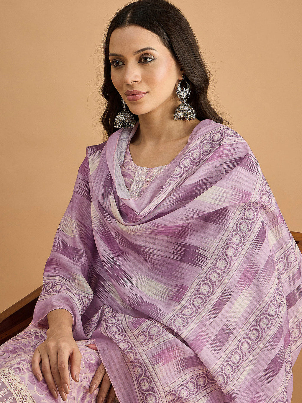 Purple Embroidered Cotton Blend Kurta With Pant & Dupatta
