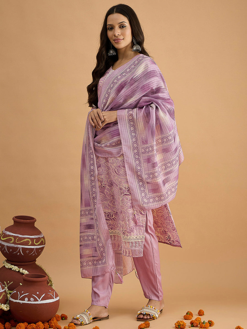 Purple Embroidered Cotton Blend Kurta With Pant & Dupatta