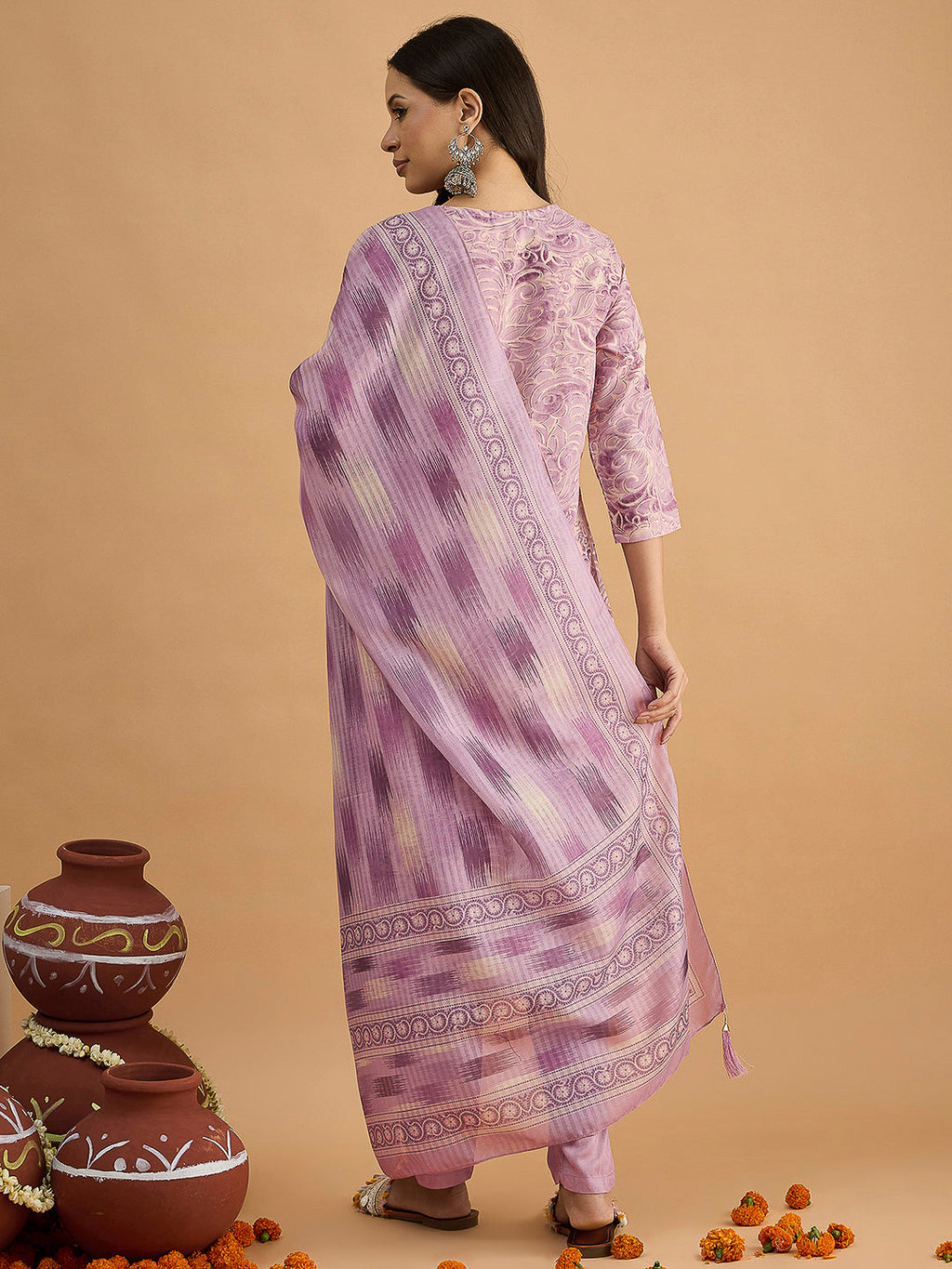 Purple Embroidered Cotton Blend Kurta With Pant & Dupatta