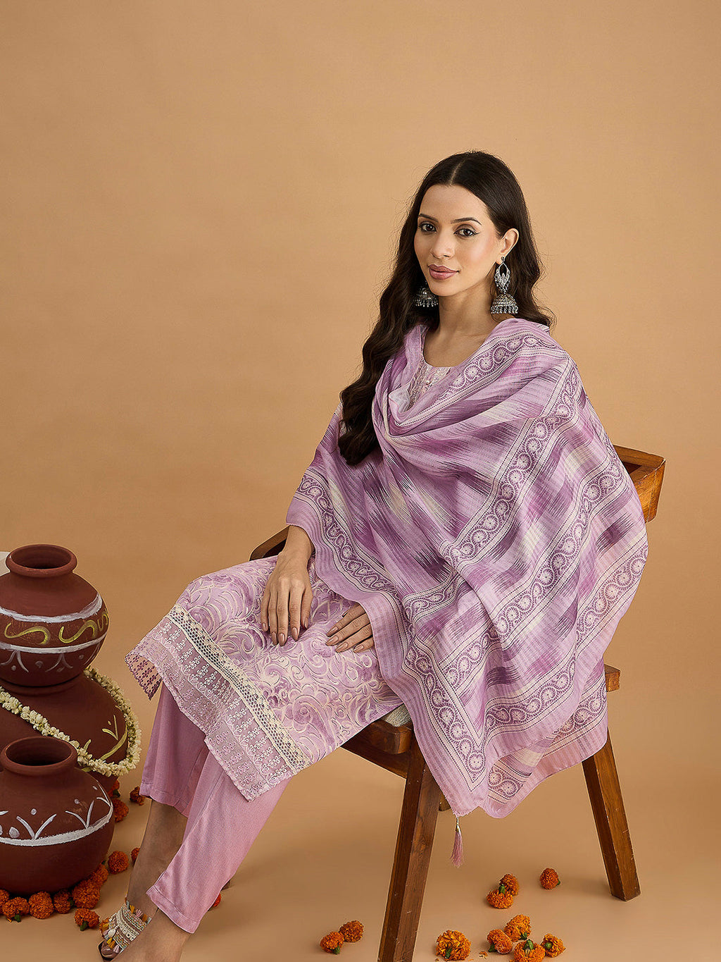 Purple Embroidered Cotton Blend Kurta With Pant & Dupatta